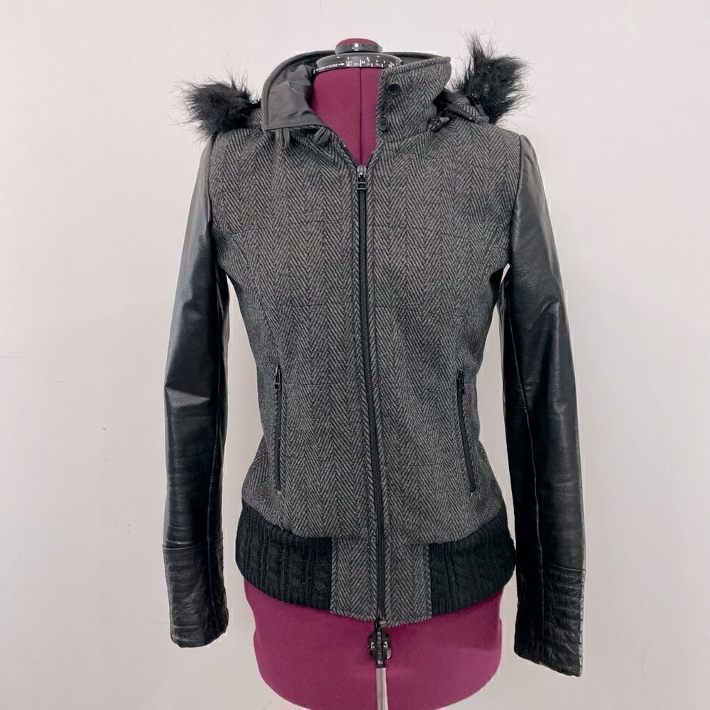 DANIER Leather Sleeves Herringbone print Wool Bomber Jacket Double Lined